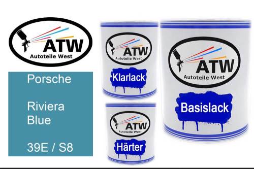 Porsche, Riviera Blue, 39E / S8: 1L Lackdose + 1L Klarlack + 500ml Härter - Set, von ATW Autoteile West.